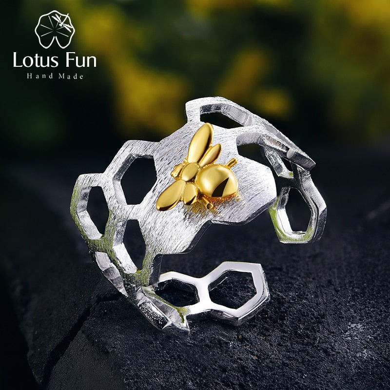 Honeycomb Adjustable Ring- Sterling Silver 18K Gold-Roar Respectfully