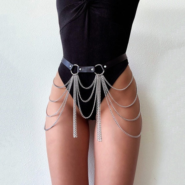 Layered Leather Belt With Chains Body Harness Sexy Waist or Body Strap-Roar Respectfully