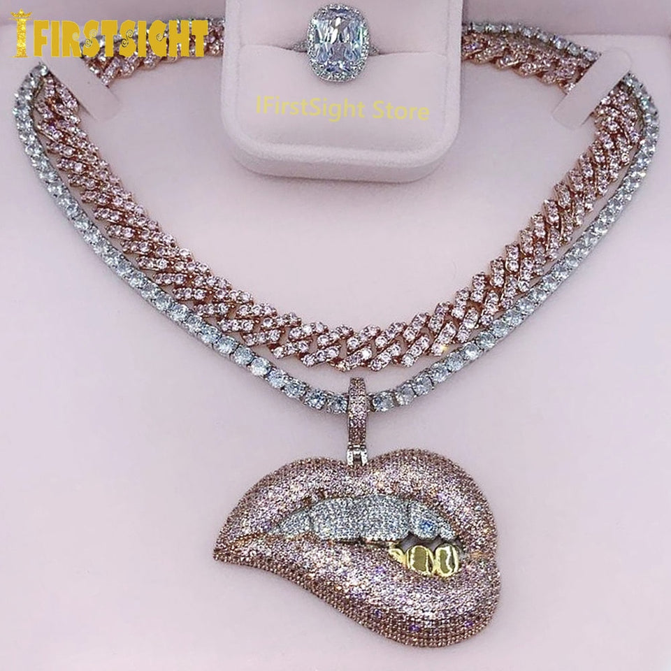 Dripppppin Lip Pendant w. Necklace Iced Out Blingggggged out baby-Roar Respectfully