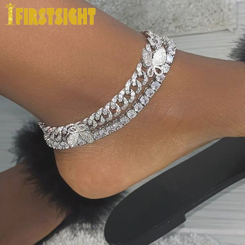 Baguette Butterfly Anklet Iced Out Bling Miami Cuban Link-Roar Respectfully
